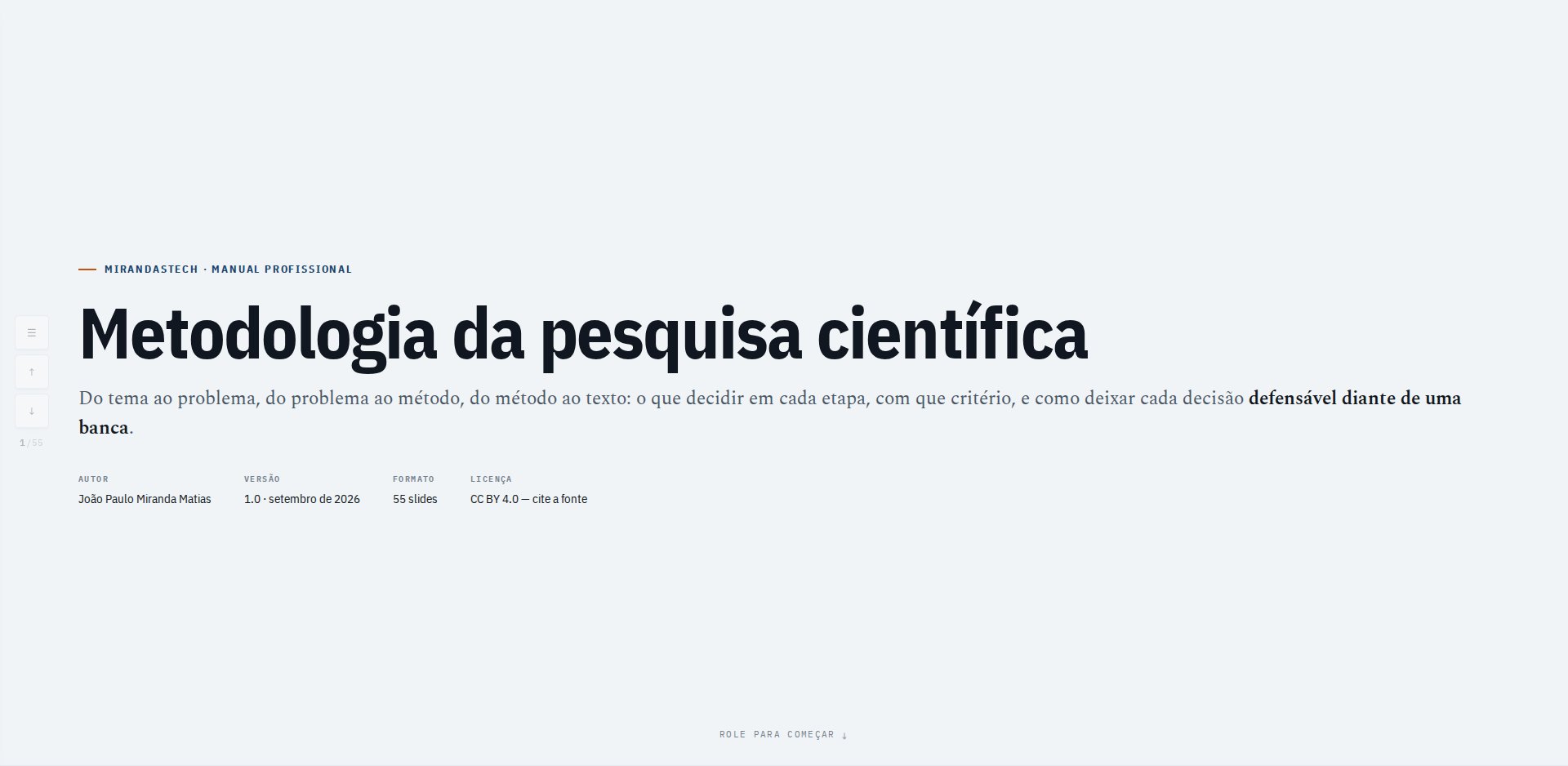Capa do manual Metodologia da pesquisa científica: título, lede sobre decidir cada etapa com critério e deixá-la defensável diante de uma banca, e os campos autor, versão, formato (55 slides) e licença CC BY 4.0