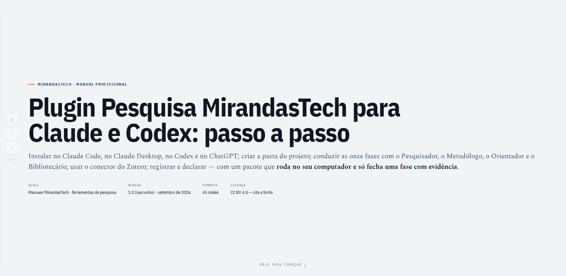 Capa do manual Plugin Pesquisa MirandasTech para Claude e Codex: passo a passo, com a lede sobre instalar, criar a pasta do projeto e conduzir as onze fases com o Pesquisador, o Metodólogo, o Orientador e o Bibliotecário; formato 45 slides