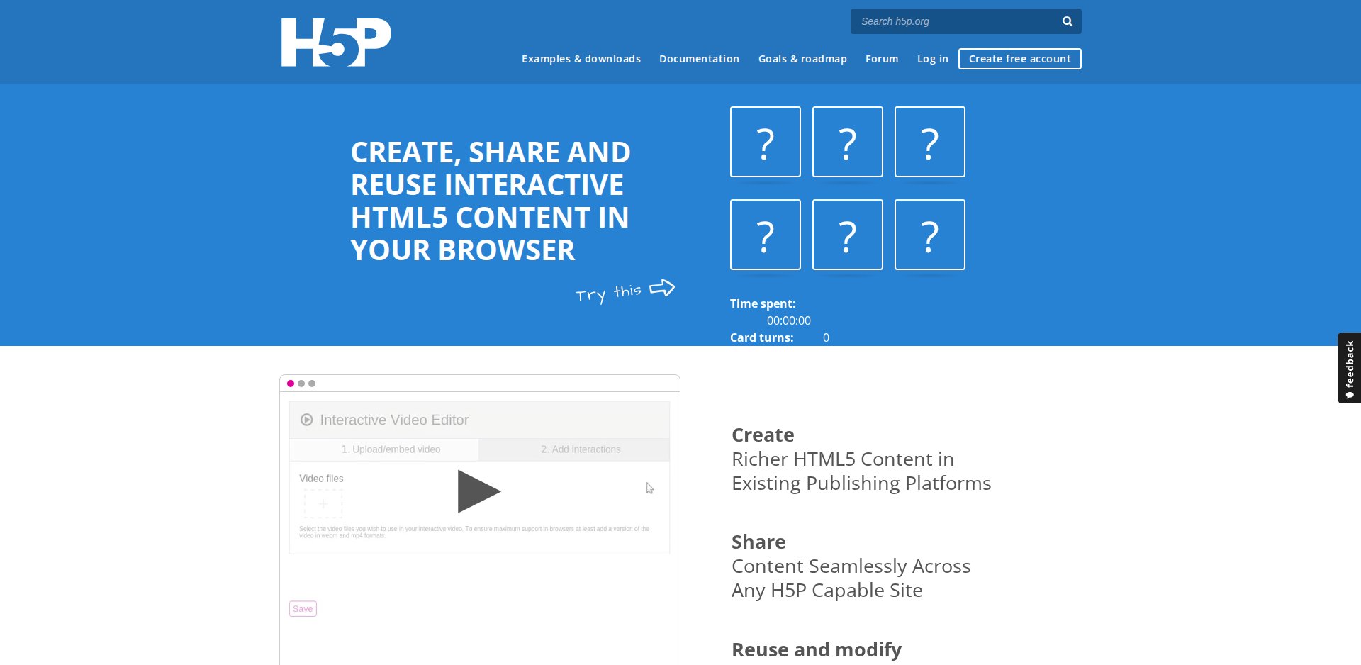 Página inicial do H5P: Create, share and reuse interactive HTML5 content in your browser, com um jogo de memória de exemplo e as seções Create, Share, Reuse and modify