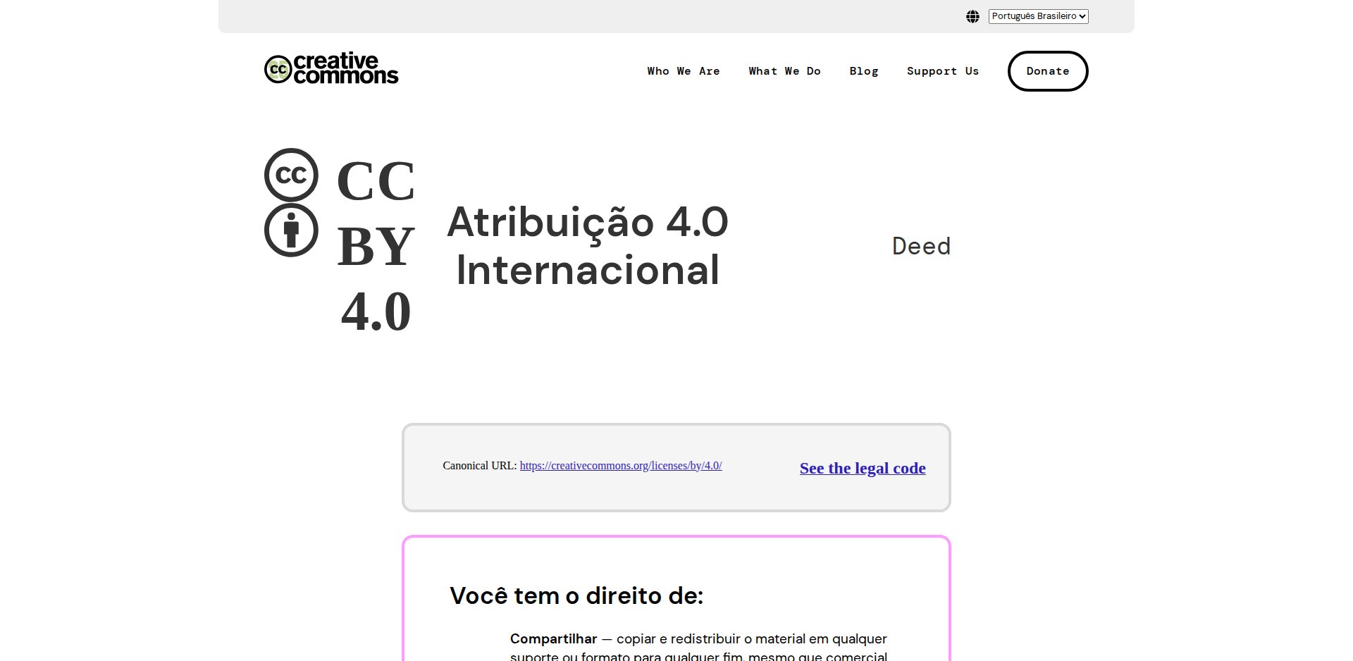 Deed da licença CC BY 4.0 em português brasileiro: Atribuição 4.0 Internacional, URL canônica creativecommons.org/licenses/by/4.0, e o início da seção Você tem o direito de: Compartilhar