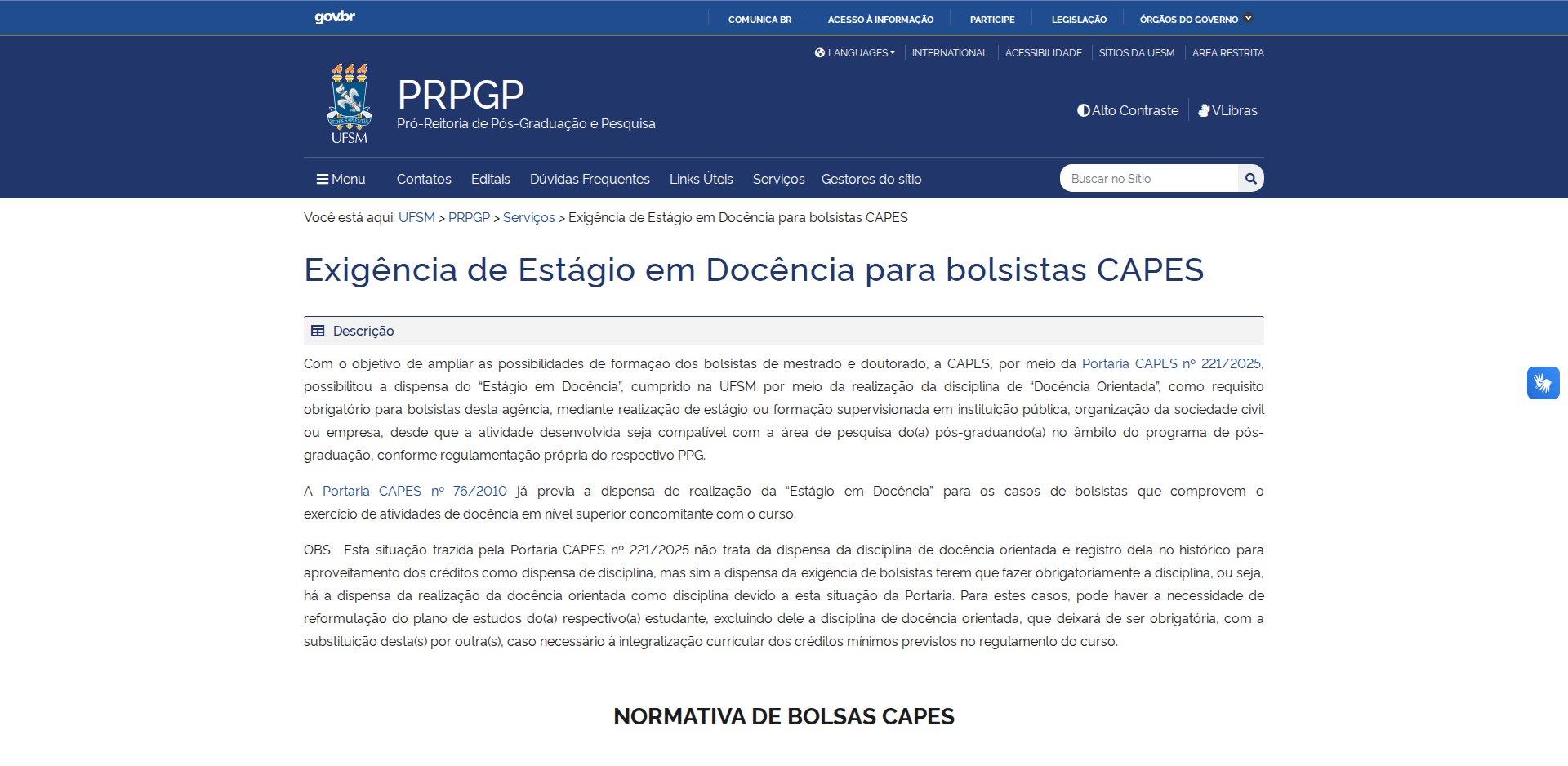 Página Exigência de Estágio em Docência para bolsistas CAPES na PRPGP da UFSM, descrevendo a disciplina Docência Orientada, a dispensa prevista na Portaria 221/2025 e a dispensa já prevista na Portaria 76/2010