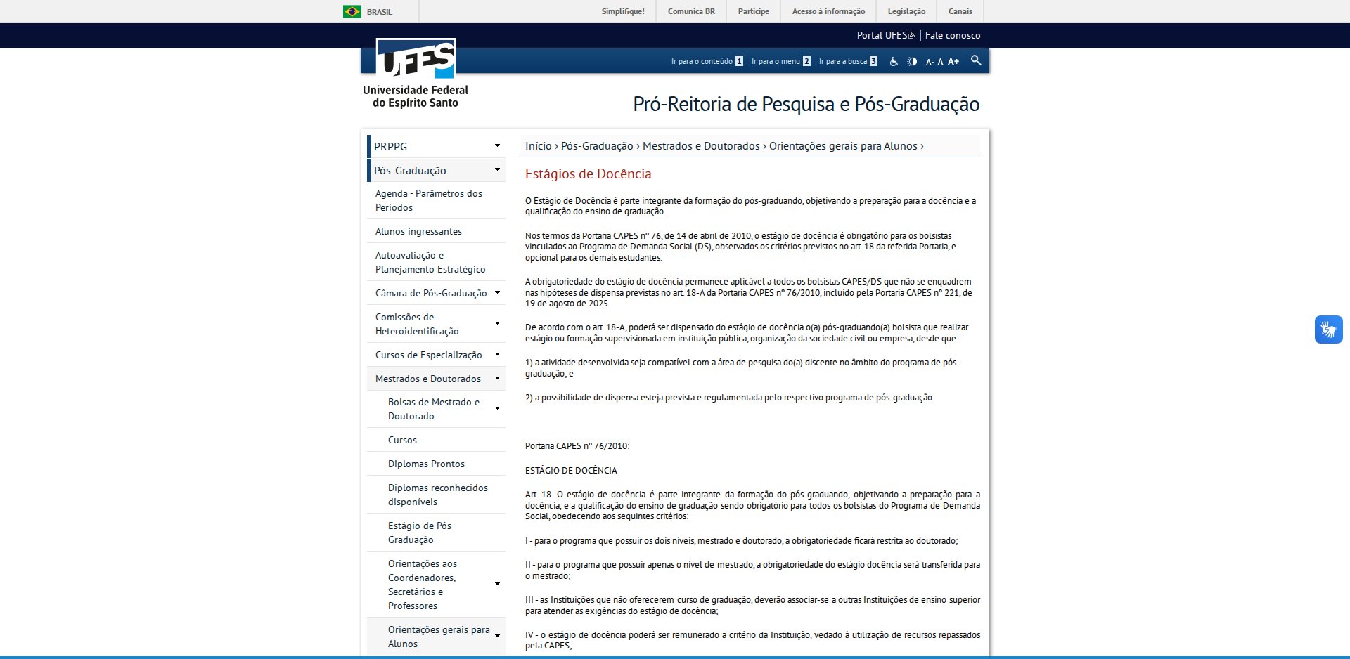 Página Estágios de Docência na PRPPG da UFES, reproduzindo o Art. 18 da Portaria CAPES 76/2010 e afirmando que o estágio é obrigatório para os bolsistas do Programa de Demanda Social e opcional para os demais
