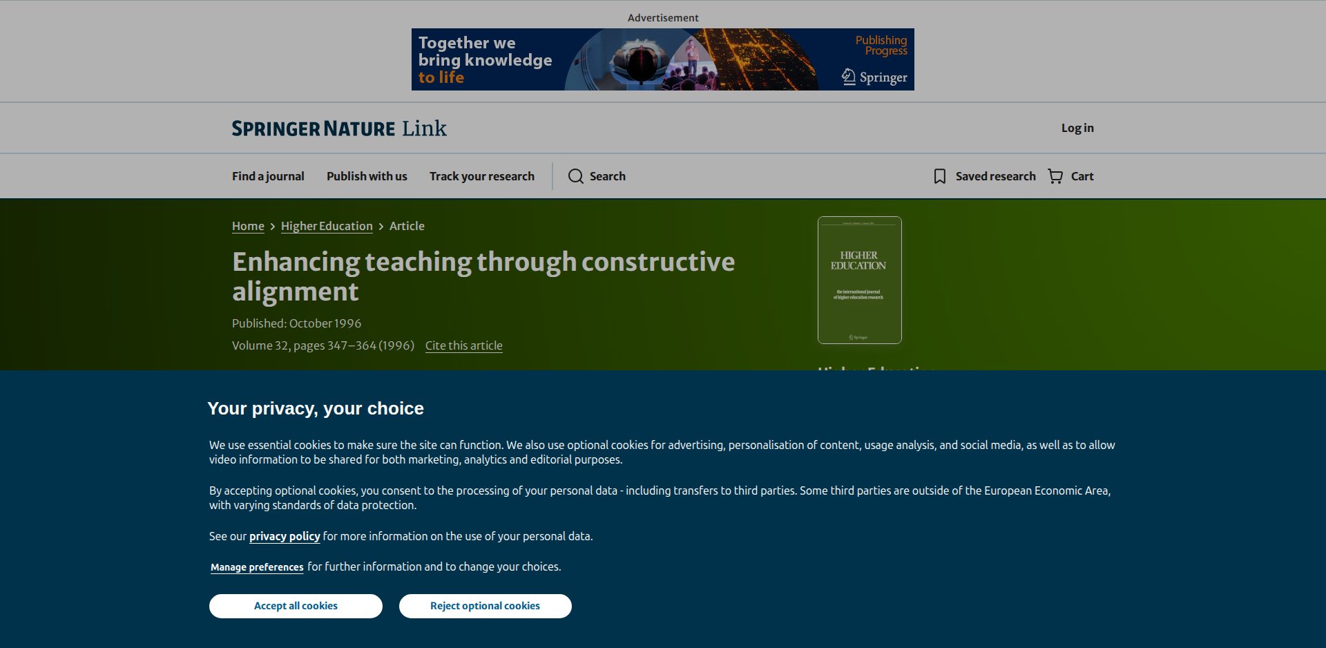Página do artigo Enhancing teaching through constructive alignment na Springer Nature Link: Higher Education, publicado em outubro de 1996, volume 32, páginas 347–364, com o aviso de cookies aberto