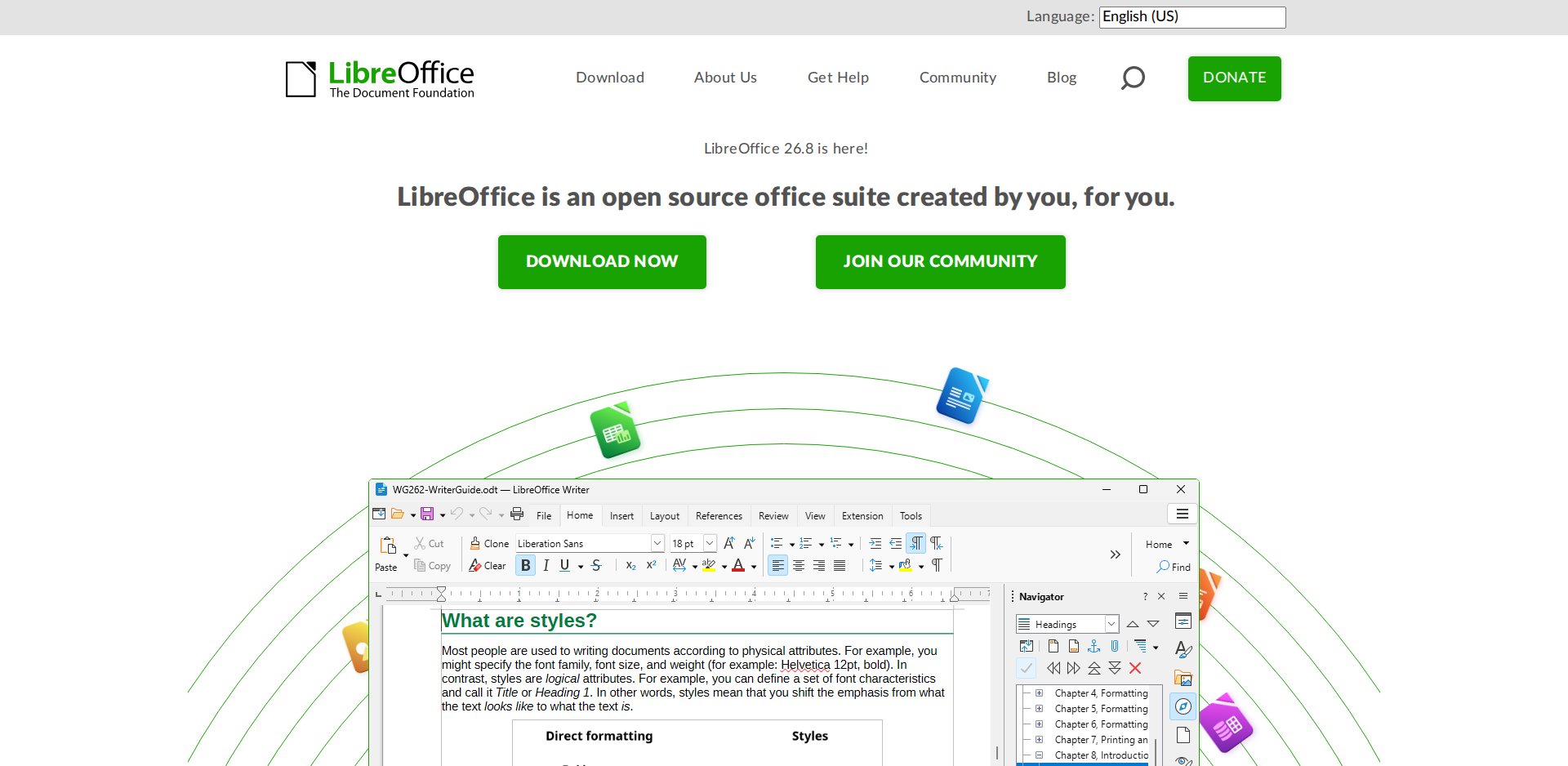 Página inicial do LibreOffice: LibreOffice 26.8 is here!, LibreOffice is an open source office suite created by you, for you, com os botões Download now e Join our community e uma janela do Writer mostrando estilos