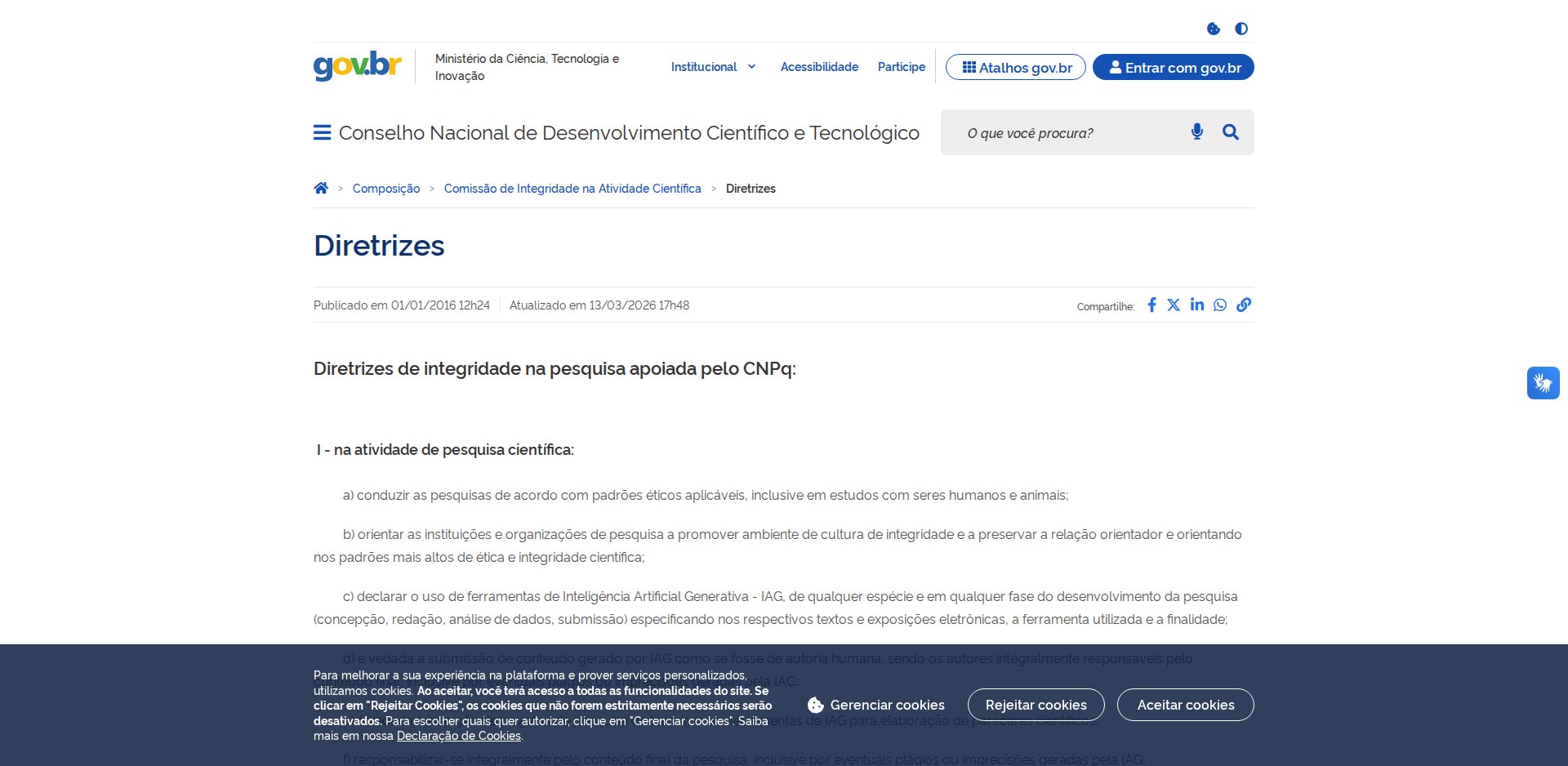 Página Diretrizes da Comissão de Integridade na Atividade Científica do CNPq, com os itens I a) a d) sobre ética, cultura de integridade, declaração do uso de IA generativa e vedação de submeter conteúdo gerado por IA como autoria humana