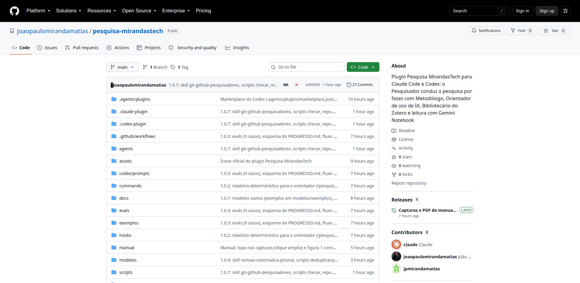 Repositório público pesquisa-mirandastech no GitHub, com as pastas agents, commands, docs, evals, exemplos, hooks, manual, modelos e scripts, uma release e a descrição do plugin para Claude Code e Codex