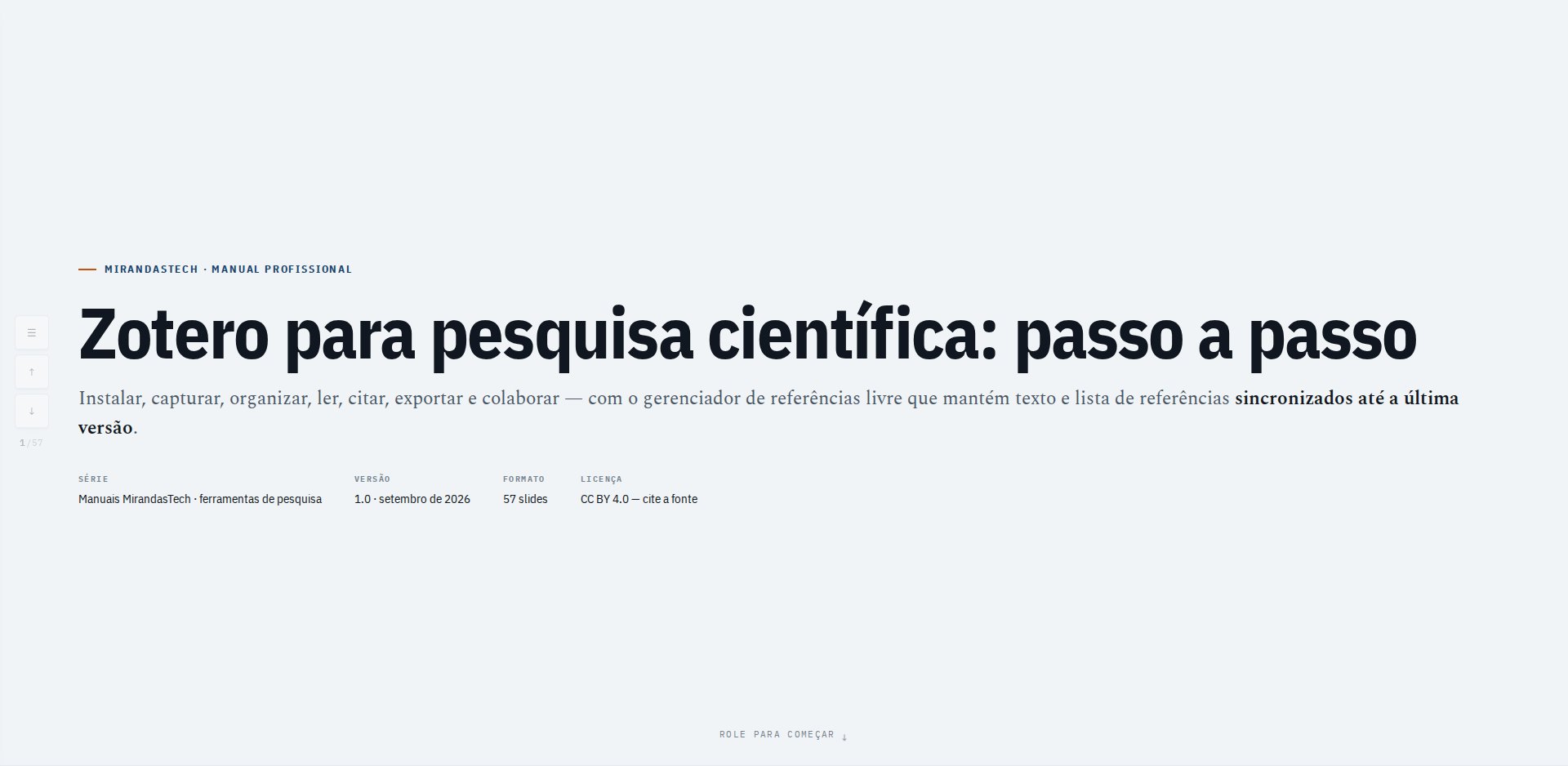 Capa do manual Zotero para pesquisa científica: passo a passo, com a lede sobre instalar, capturar, organizar, ler, citar, exportar e colaborar; formato 57 slides